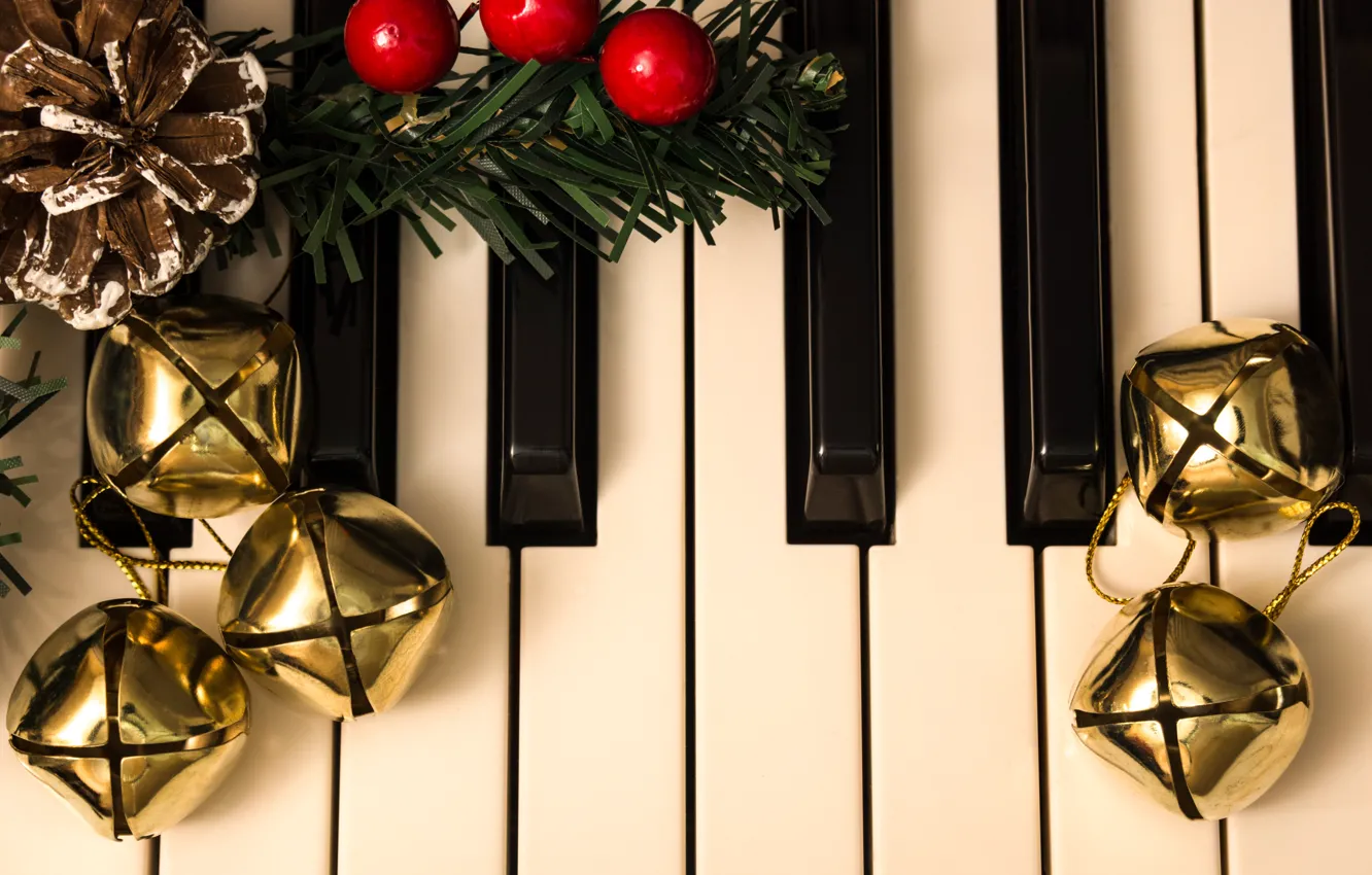 Photo wallpaper music, holiday, keys, fruit, Christmas, New year, piano, piano, bells, bump, needles, Christmas decorations