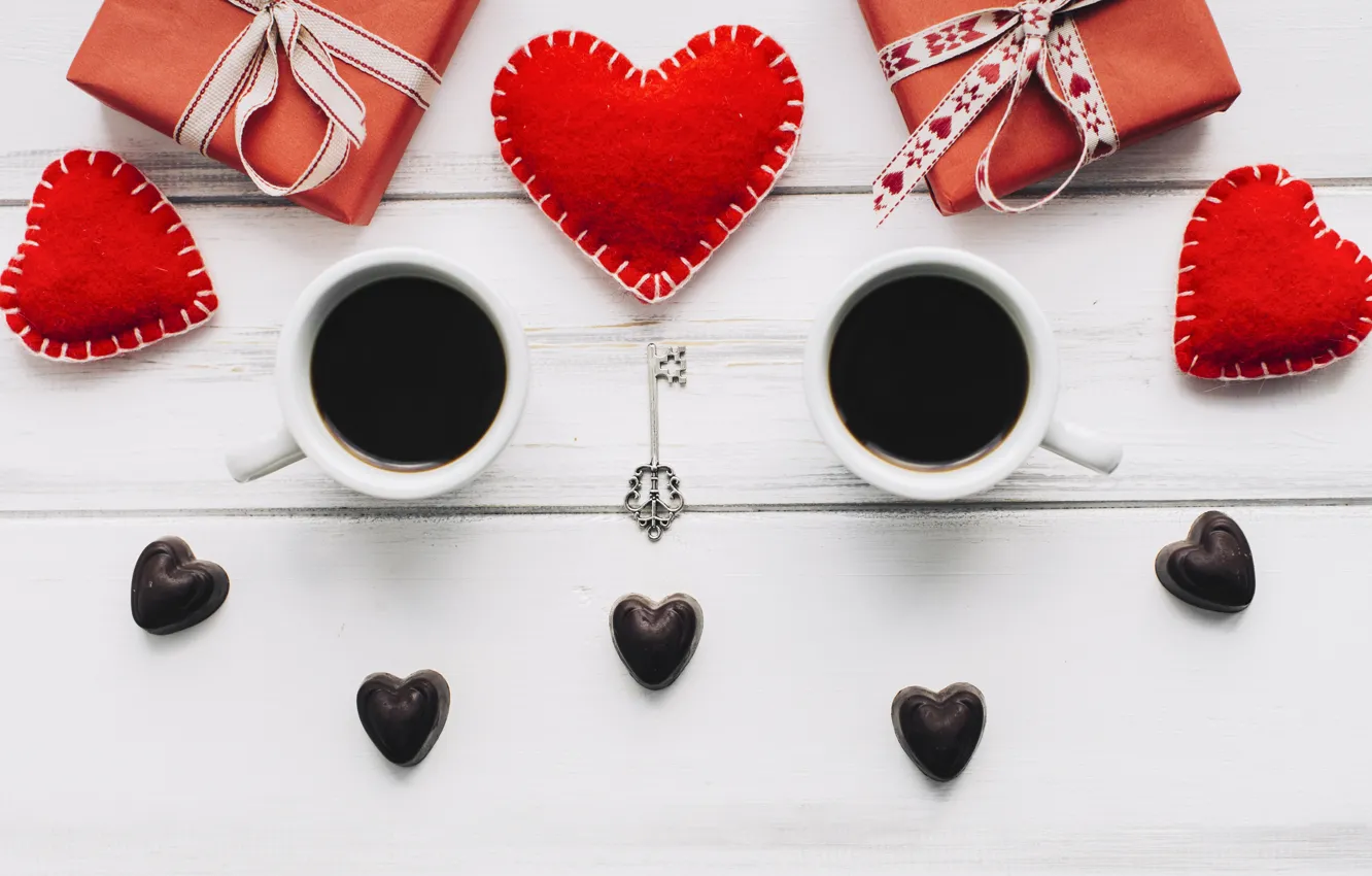 Photo wallpaper love, gift, heart, hearts, red, love, heart, wood, cup, romantic, valentine's day, gift, coffee