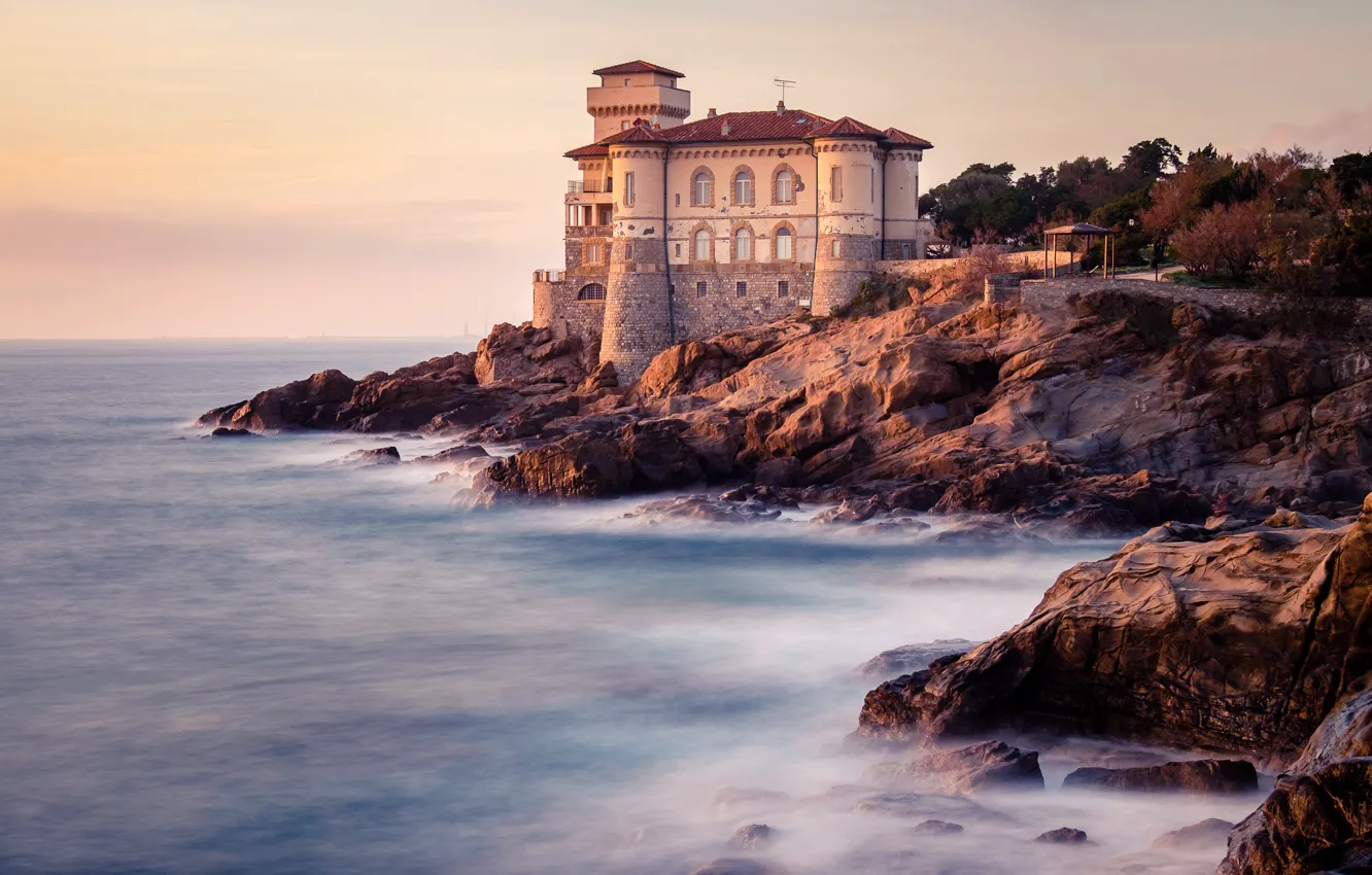 Photo wallpaper sea, landscape, nature, stones, castle, shore, Italy, Livorno, Castello del Boccale, Castle Mug