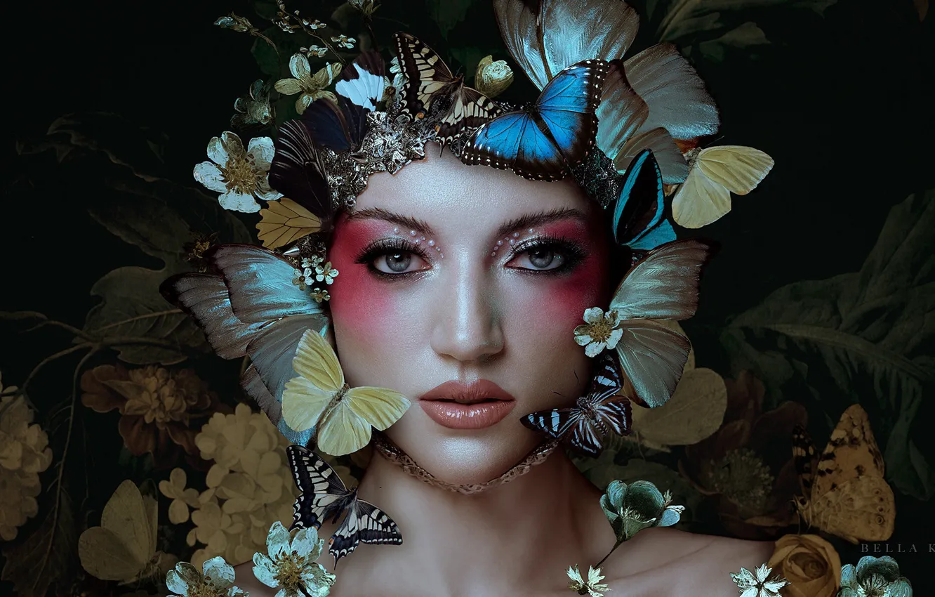 Photo wallpaper look, girl, butterfly, flowers, face, style, makeup, Bella Kotak, Jordan Ebbitt