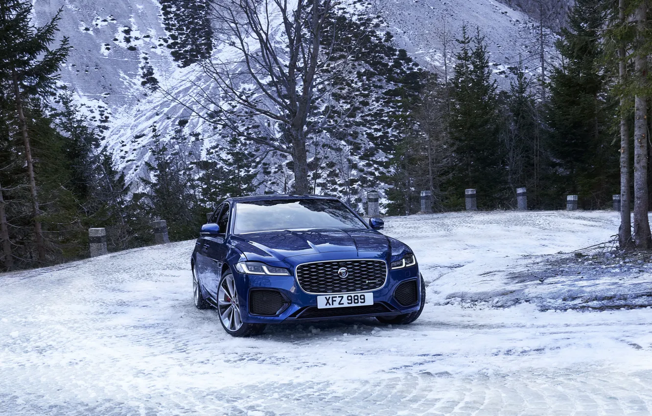 Photo wallpaper snow, Jaguar, sedan, Jaguar XF, 2020, XF, on a mountain road