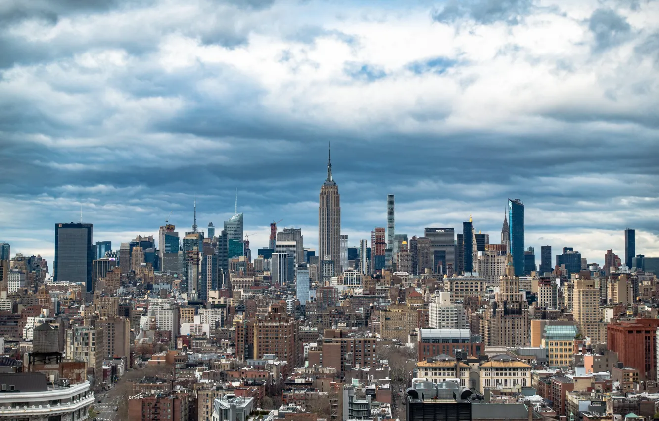 Wallpaper city, USA, tower, skyline, sky, Manhattan, NYC, clouds, buildings,  architecture, skyscrapers, roofs, metropolis, aerial view, 