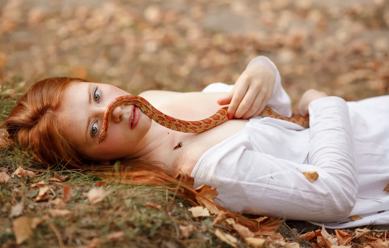Photo wallpaper autumn, look, leaves, girl, face, mood, snake, red, redhead, by Svetlana Nicotine, Anastasia Savicheva