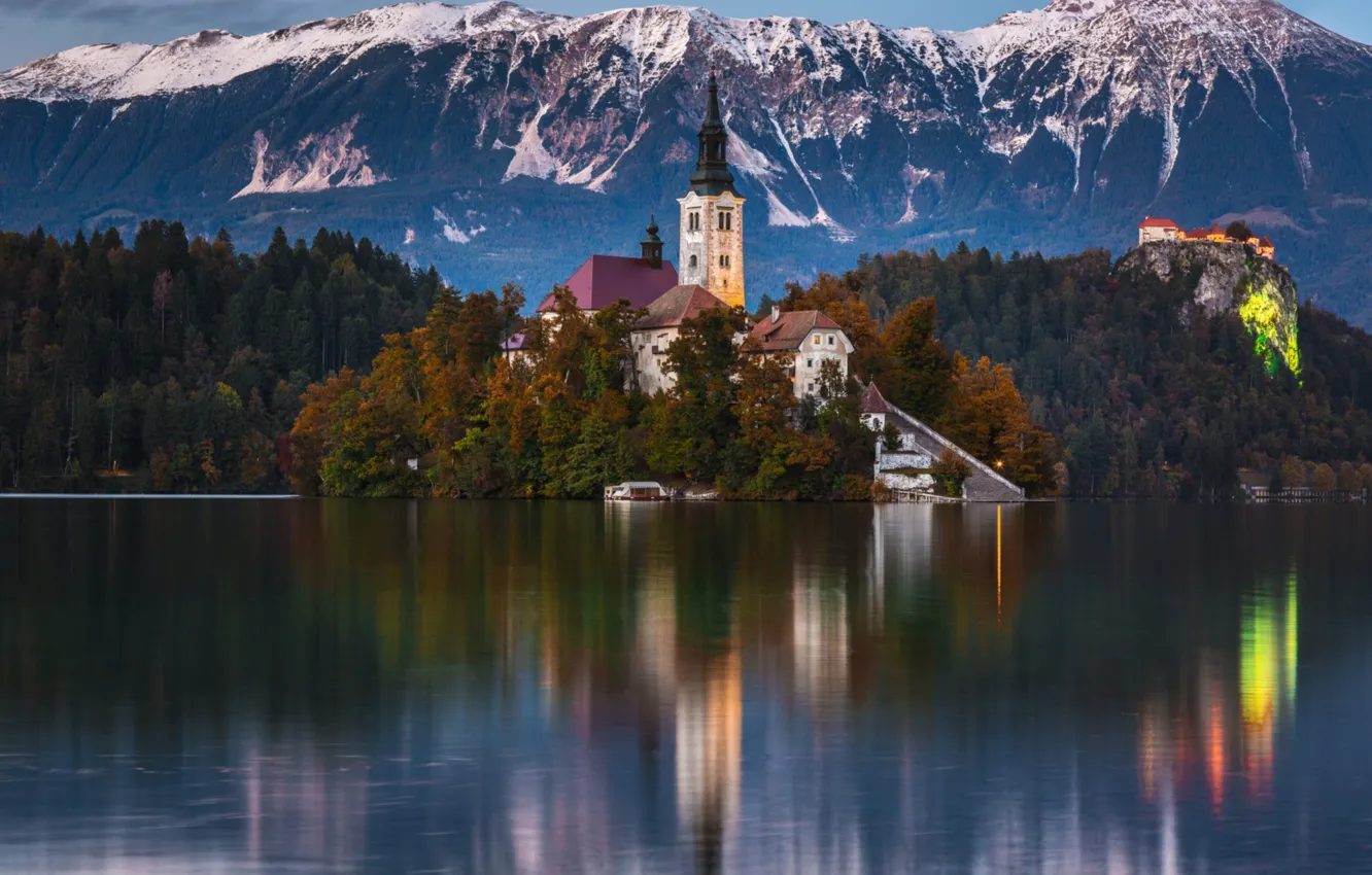 Photo wallpaper mountains, lake, the monastery, Slovenia, Bled