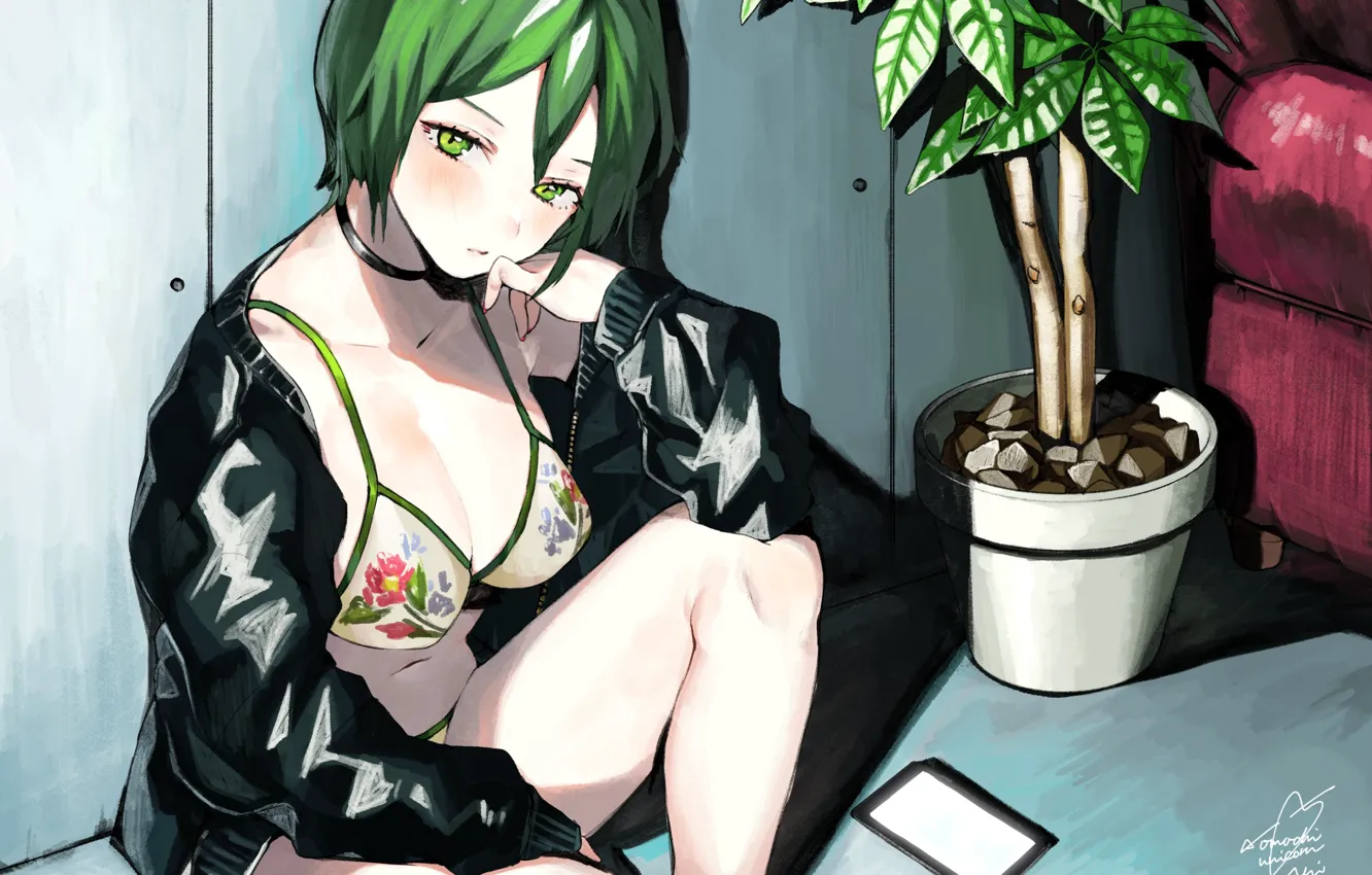 Photo wallpaper Girl, Swimsuit, Sitting, Green hair