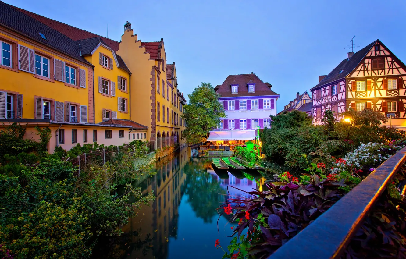 Photo wallpaper night, the city, France, home, boats, lighting, channel, Colmar