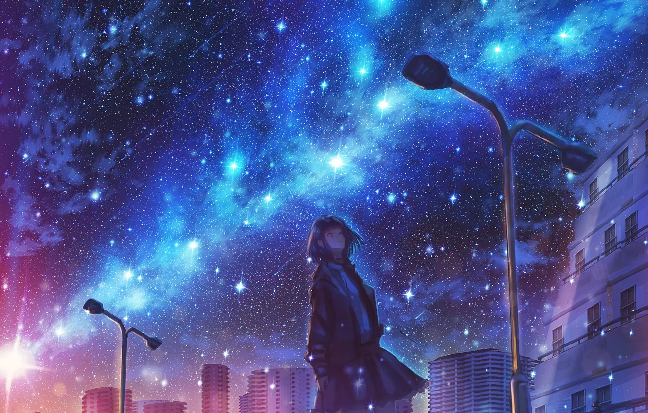 Wallpaper girl, night, the city, the milky way images for desktop, section  арт - download