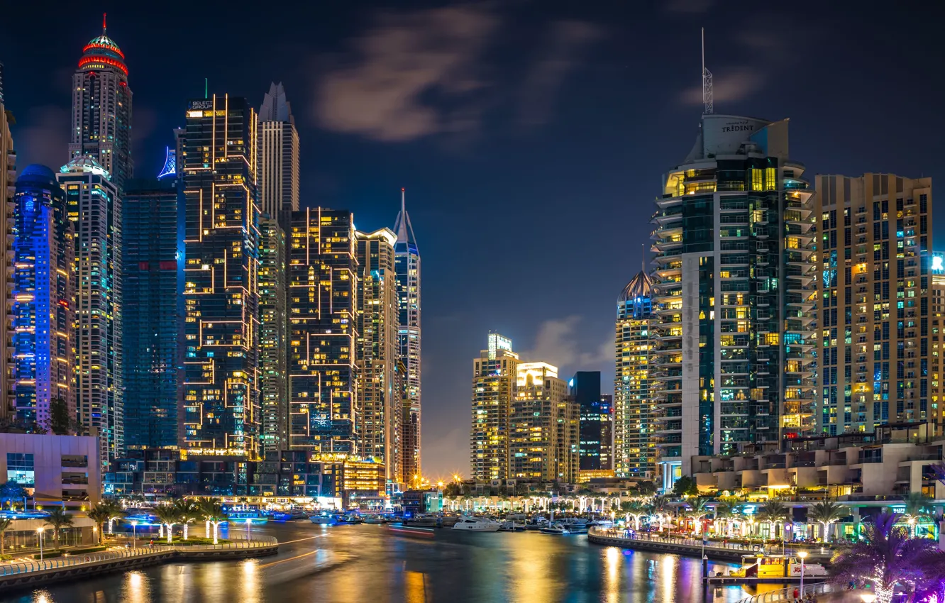 Photo wallpaper building, home, Bay, Dubai, night city, Dubai, skyscrapers, harbour, UAE, UAE, Dubai Marina, Dubai Marina