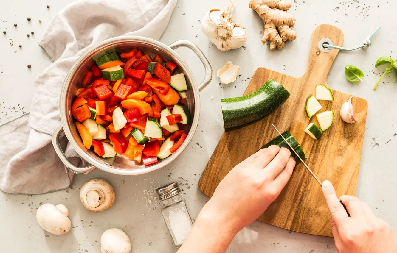 Photo wallpaper woman, knife, salad, cooking, cucumbers