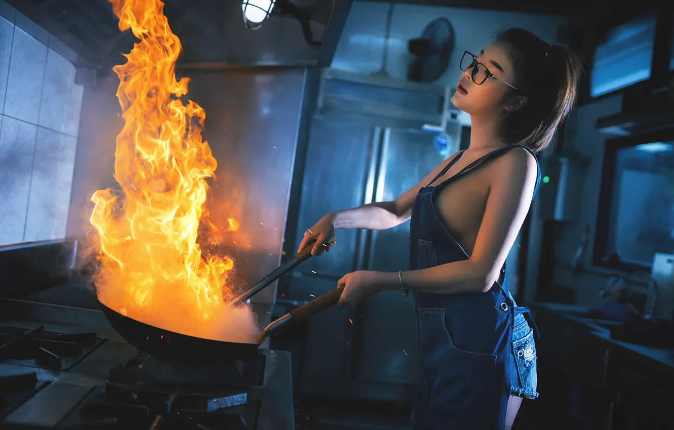 Photo wallpaper girl, fire, kitchen
