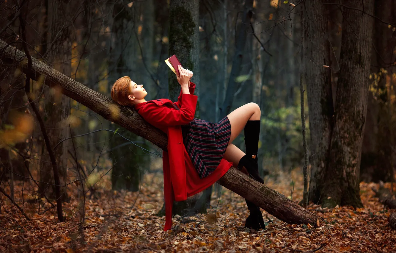 Photo wallpaper autumn, forest, leaves, girl, mood, model, boots, makeup, dress, hairstyle, lies, book, legs, in red, …