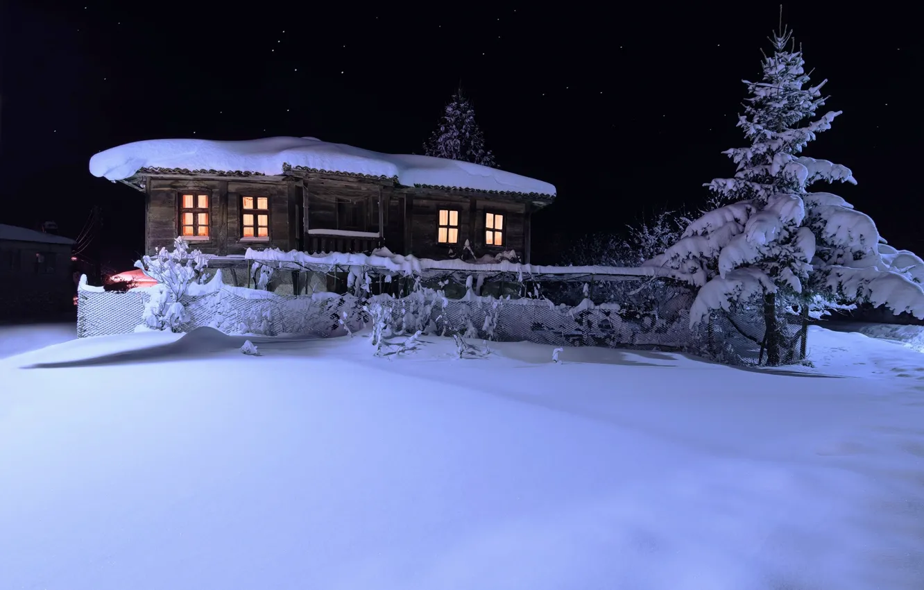 Photo wallpaper winter, the sky, snow, night, house, tree, spruce, stars