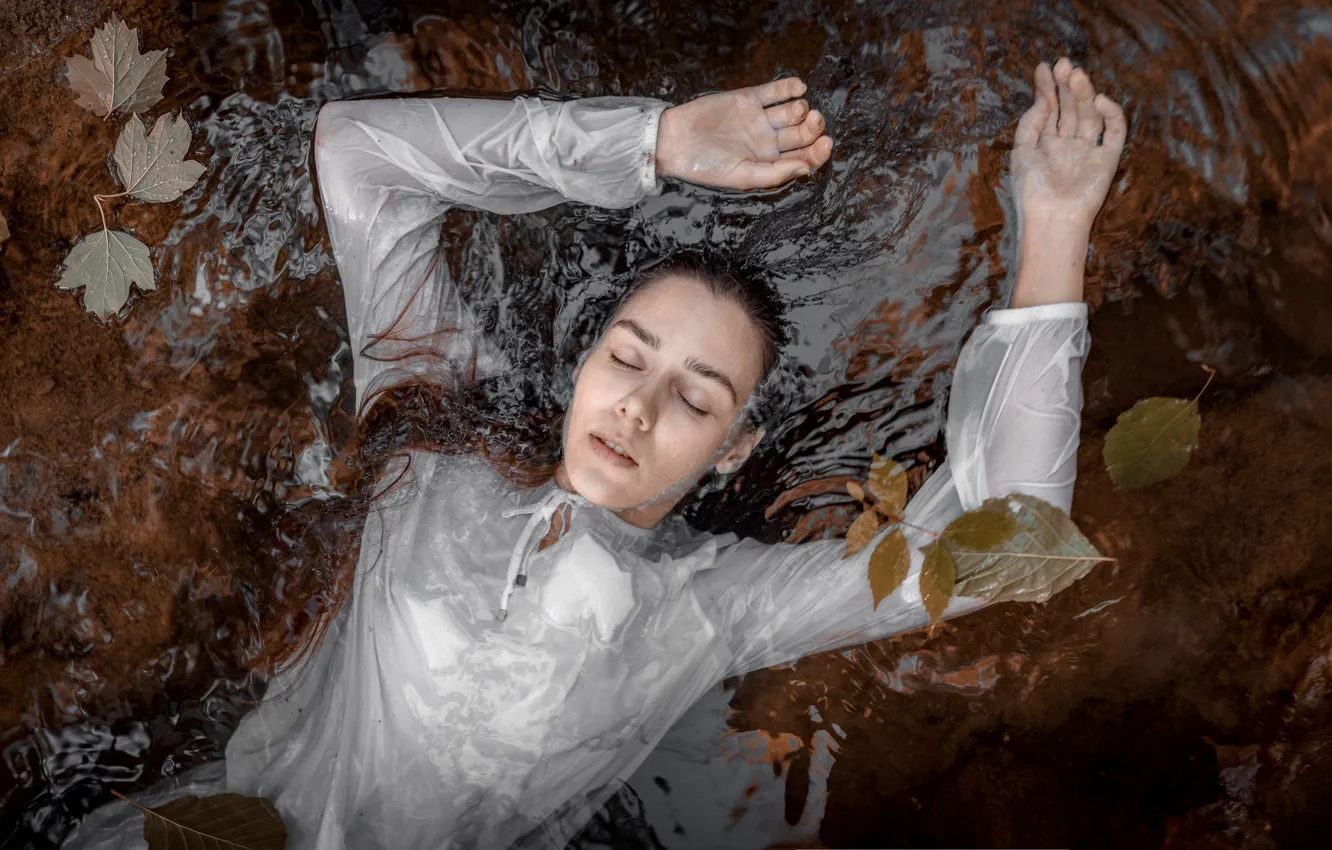 Photo wallpaper leaves, water, girl, pose, the situation, hands, blouse, closed eyes, Andrey Vasilyev, Марина Скрипкина