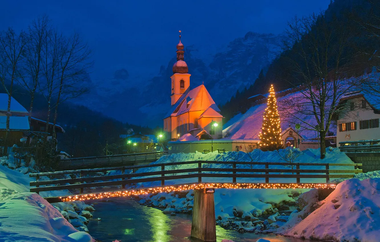 Photo wallpaper winter, snow, landscape, mountains, night, nature, river, new year, home, Germany, lighting, Alps, lights, Church, …