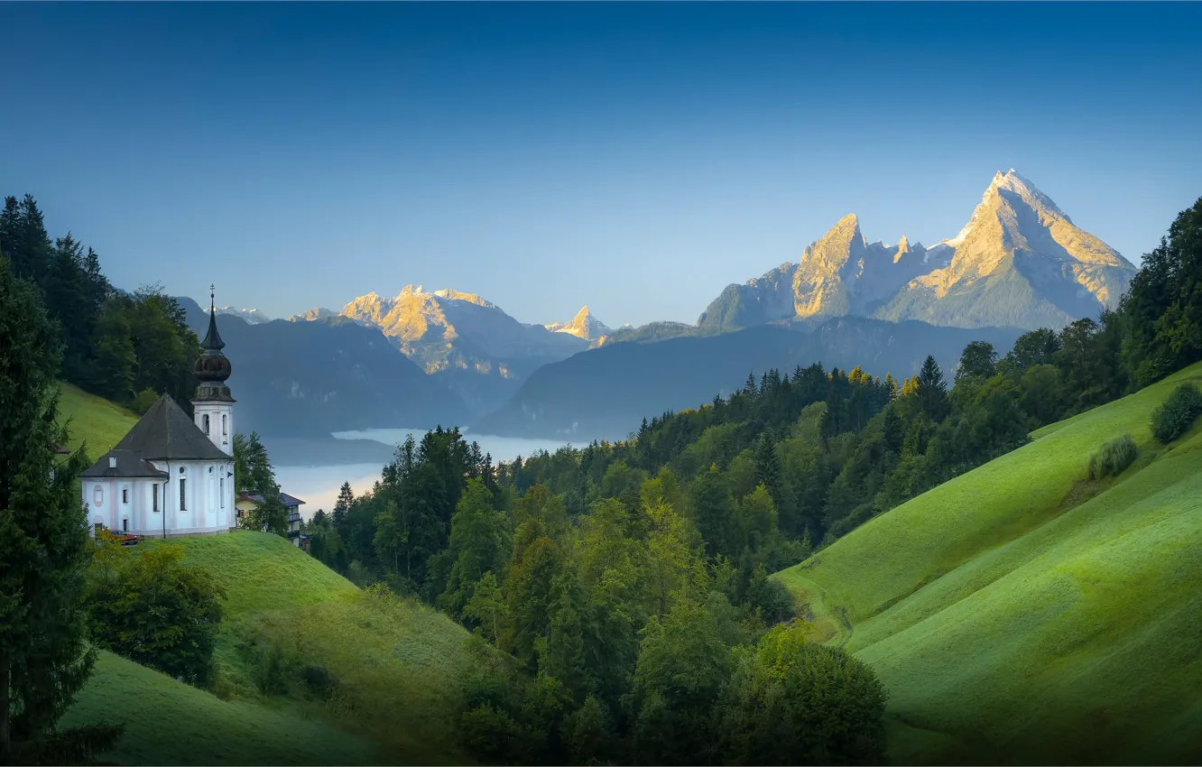 Photo wallpaper forest, mountains, lake, Germany, slope, Bayern, Church, Germany, Bavaria, Bavarian Alps, The Bavarian Alps, Berchtesgaden, …