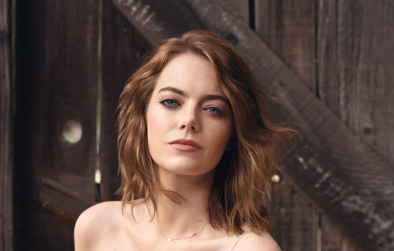 Photo wallpaper look, girl, face, hair, chain, shoulders, Emma Stone