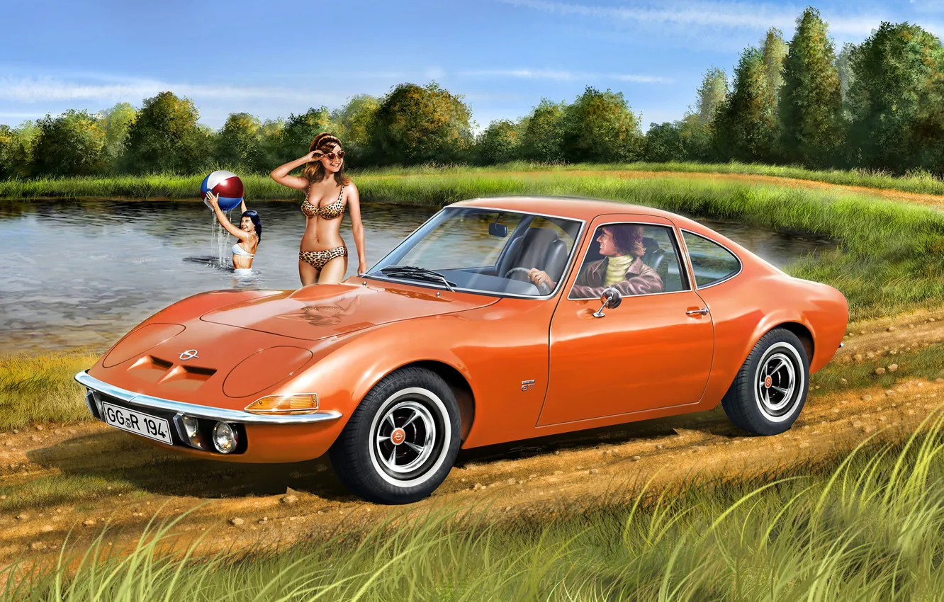 Photo wallpaper Grass, Lake, Forest, Germany, Opel GT, Dirt road