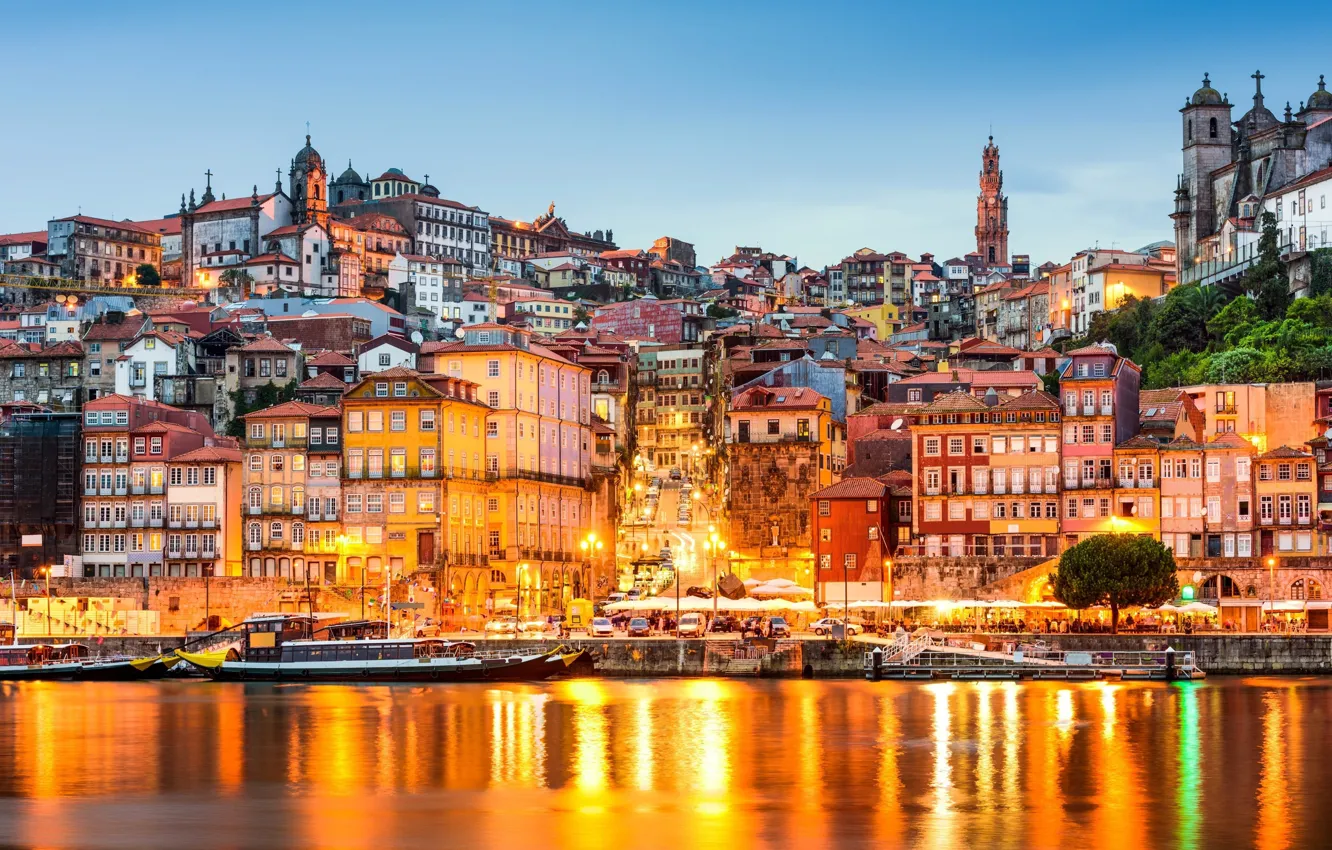 Photo wallpaper city, twilight, cathedral, sea, sunset, city lights, street, houses, Portugal, reflection, buildings, cityscape, church, Porto