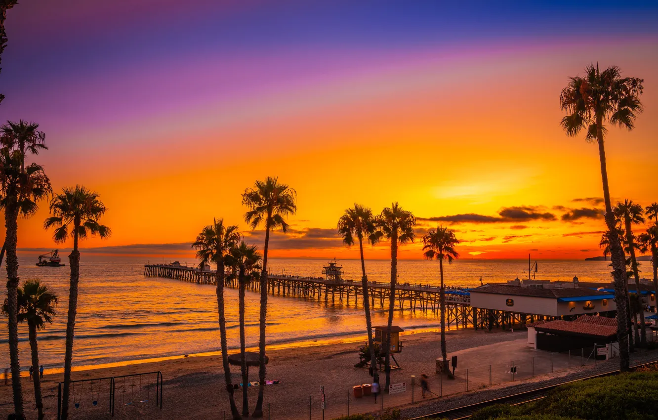 Photo wallpaper sea, beach, the sky, sunset, palm trees, coast, horizon, CA, pierce, USA, San Clemente Beach