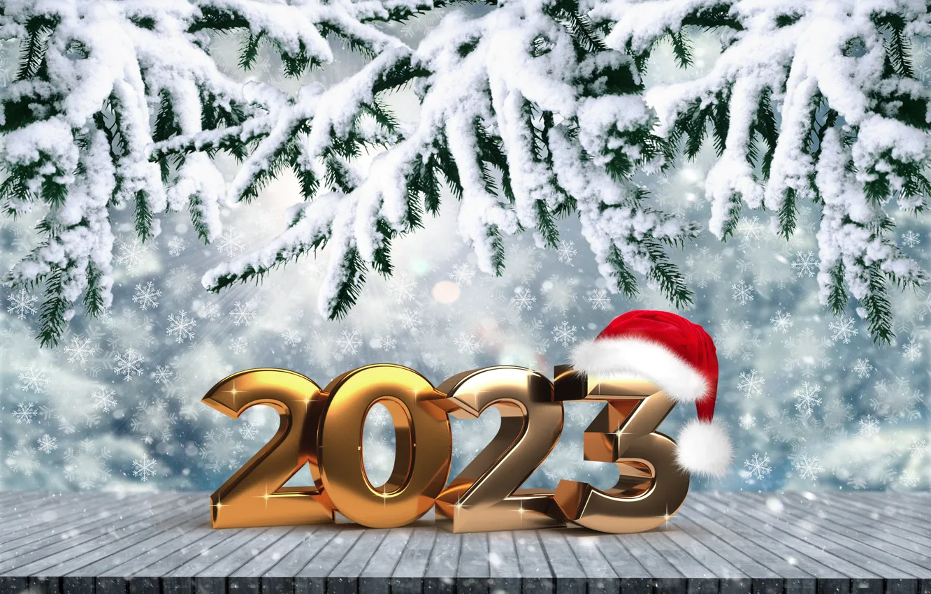 Photo wallpaper winter, snow, snowflakes, balls, New Year, figures, metal, golden, happy, balls, winter, snow, New Year, …