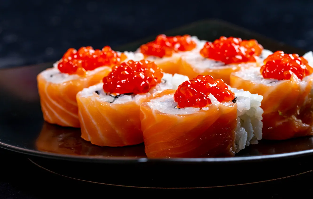 Photo wallpaper close-up, the dark background, food, fish, figure, caviar, tray, dish, sushi, red caviar, Asian cuisine