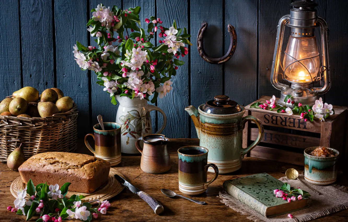 Photo wallpaper style, basket, lamp, kettle, bread, knife, book, mugs, still life, box, flowering, pear, flowers, loaf, …