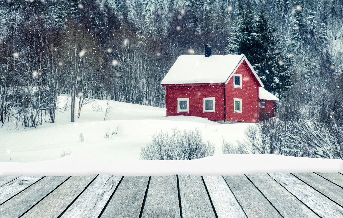 Photo wallpaper winter, snow, trees, landscape, river, tree, house, house, forest, cottage, river, landscape, winter, snow, hut, …