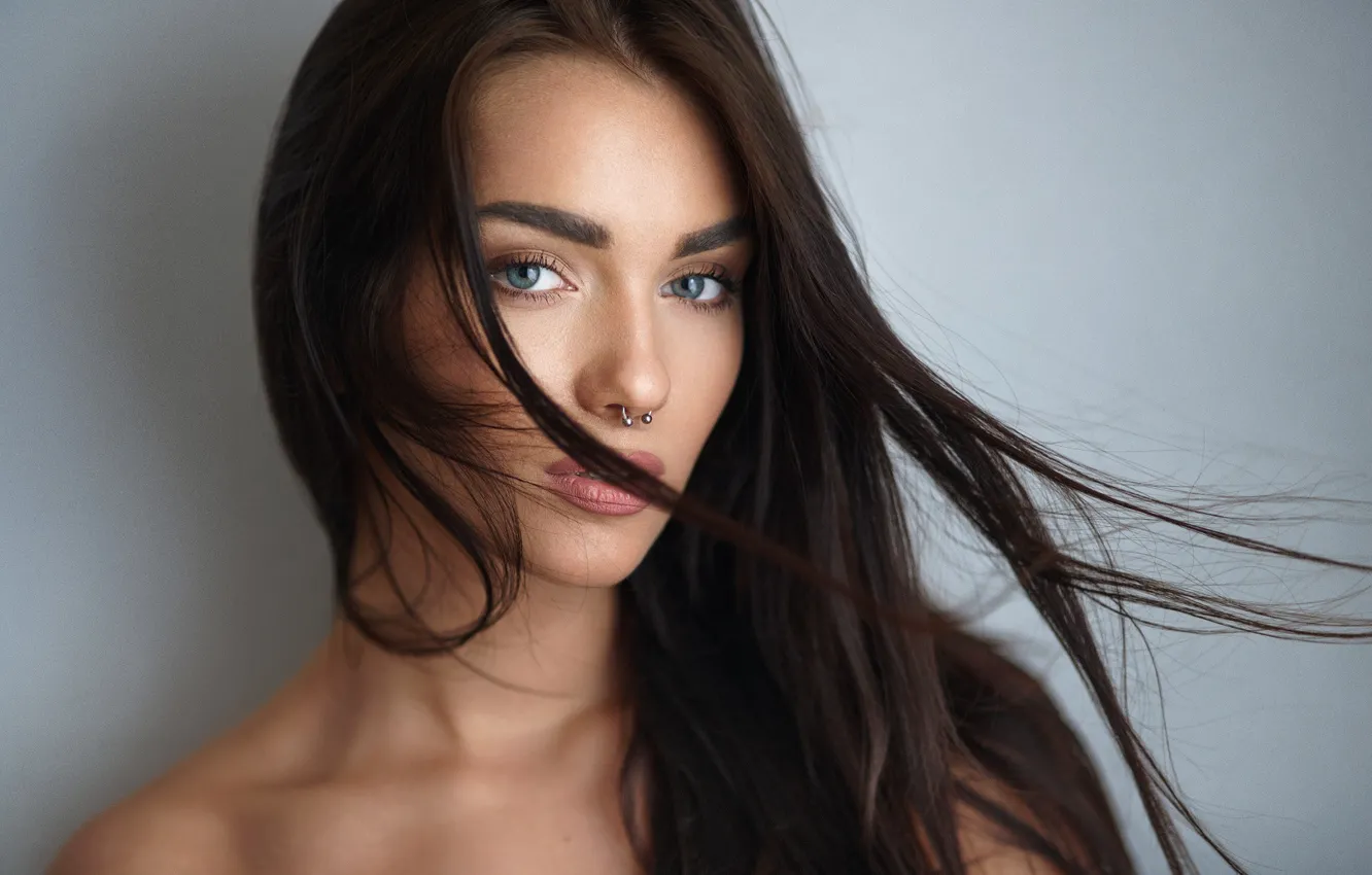 Wallpaper girl, long hair, brown hair, photo, photographer, blue eyes,  model, lips, face, brunette, portrait, mouth, close up, open mouth, simple  background, lipstick images for desktop, section девушки - download