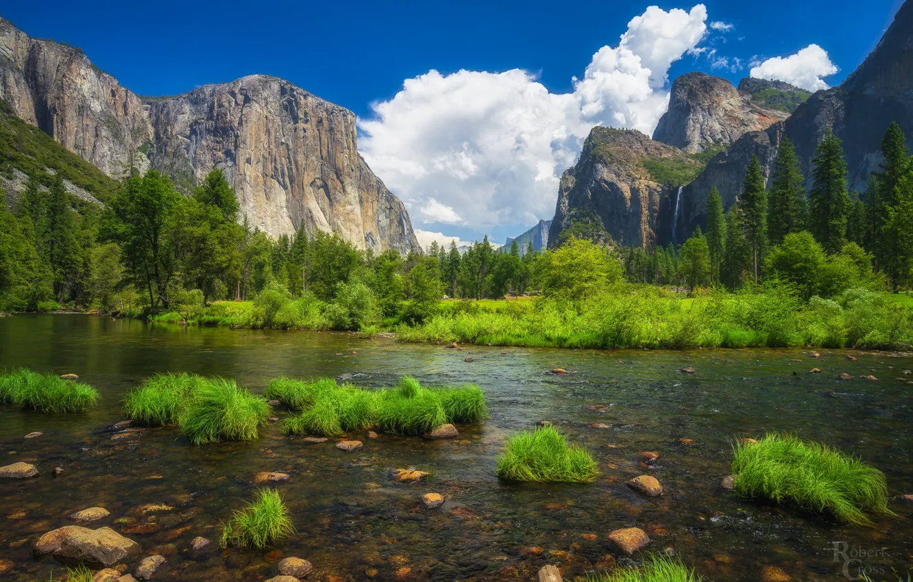 Photo wallpaper grass, clouds, landscape, mountains, nature, river, stones, USA, Yosemite, national Park, Yosemite National Park, Merced …