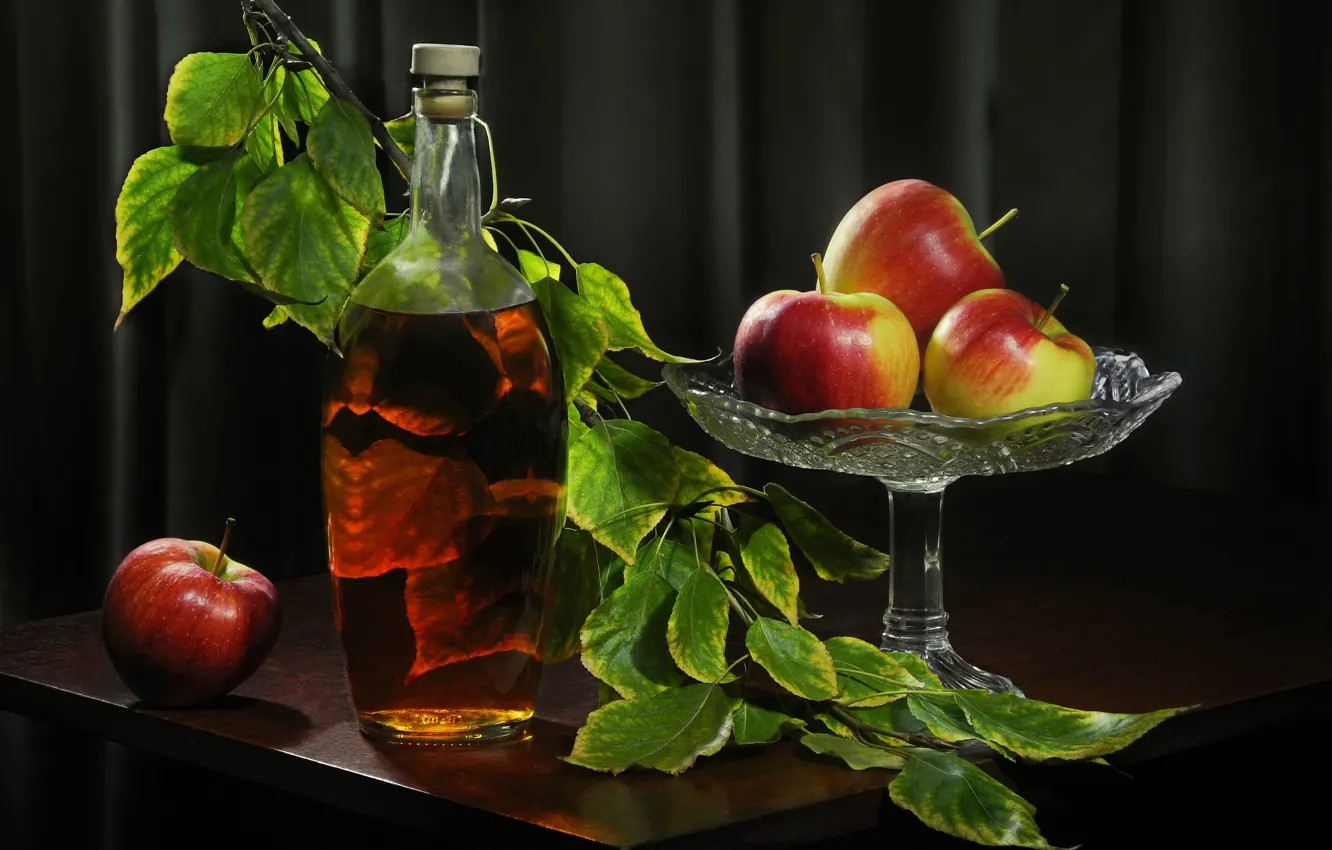 Photo wallpaper leaves, apples, branch, juice, vase, fruit, table, bottle, Sergey Pounder