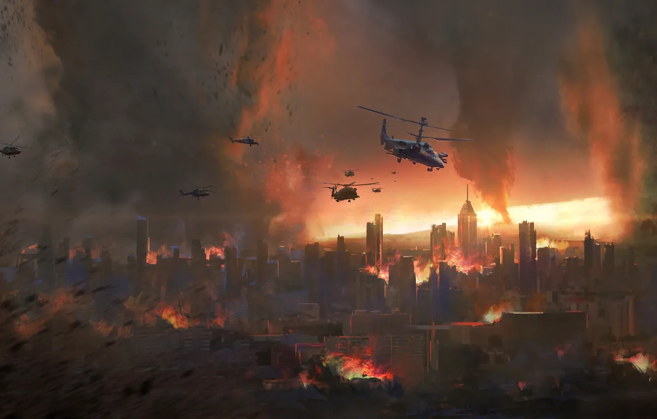 Photo wallpaper The city, Smoke, War, Helicopters, Tornado, Devastation, The end of the world, Nuclear war, World …