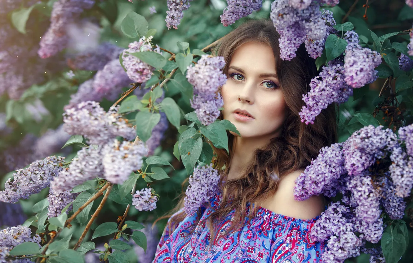 Photo wallpaper look, girl, face, spring, brown hair, lilac, Renat Fotov