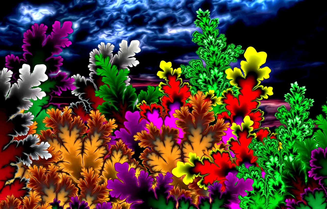Photo wallpaper summer, bright colors, abstraction, rendering, fantasy, fractals, figure, picture, stormy sky, summer night, fabulous flowers