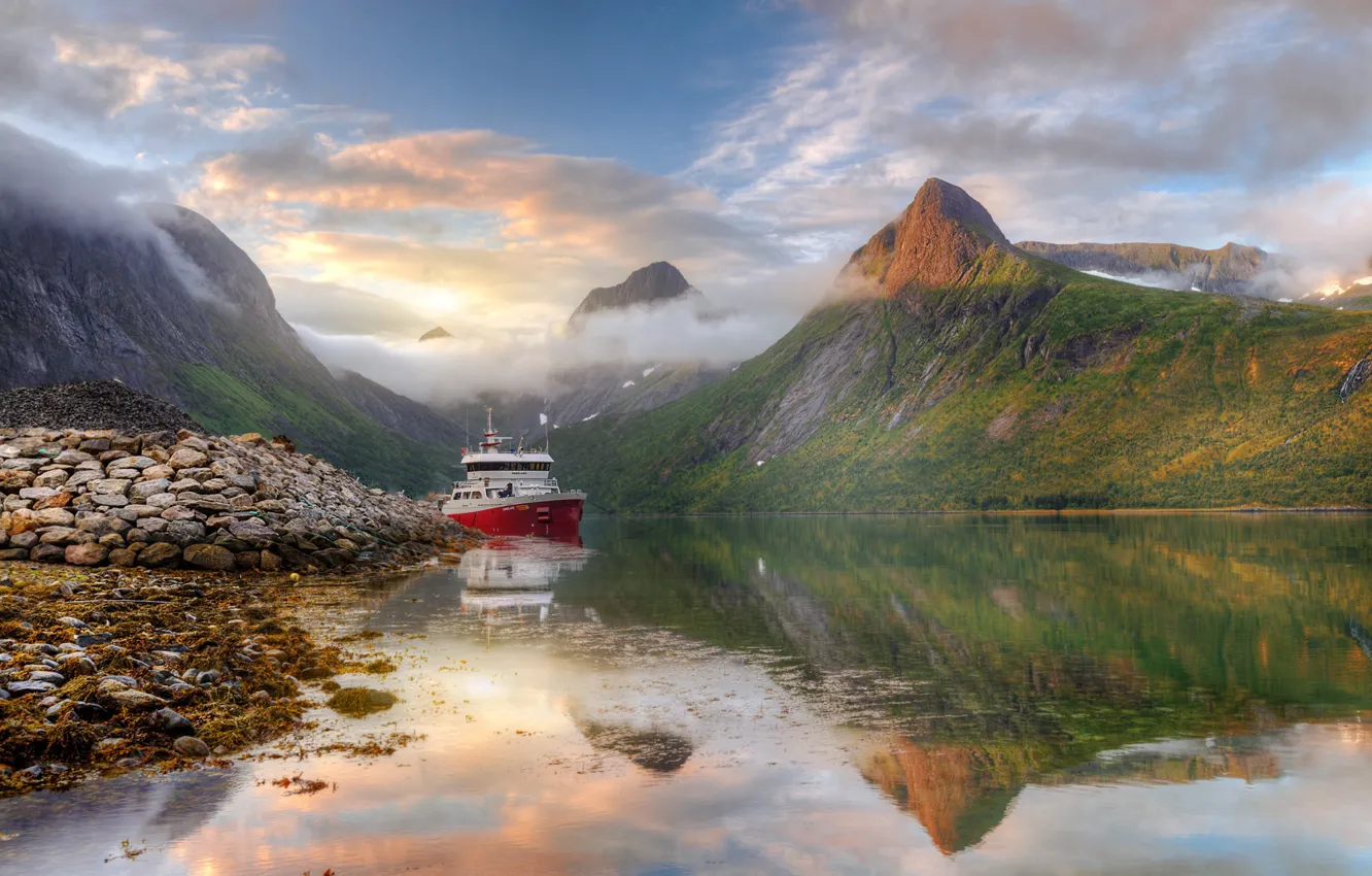 Photo wallpaper sea, clouds, landscape, mountains, nature, reflection, stones, shore, ship, island, Norway, Senja, Ed Gordeev, Gordeev …