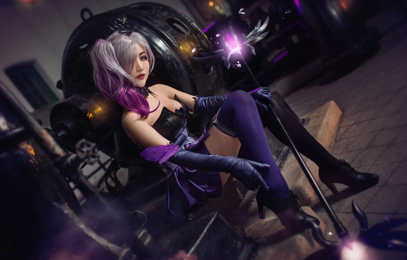 Photo wallpaper purple, chest, look, girl, lights, pose, style, weapons, background, fire, magic, dark, technique, stockings, makeup, …