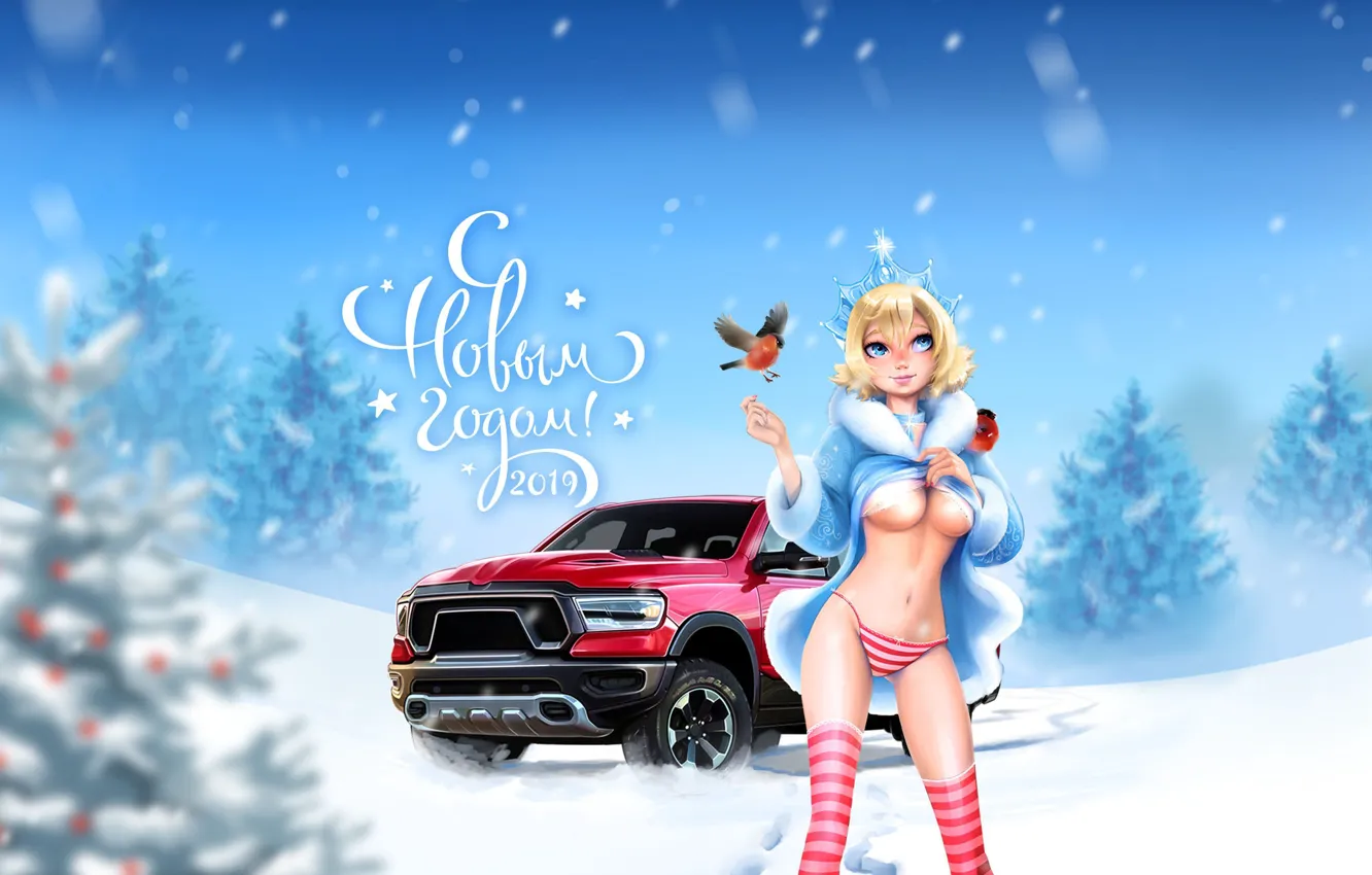Wallpaper Girl, Snow, Dodge, Dodge, Car, Tree, Ram, Happy New Year, 2019  images for desktop, section новый год - download