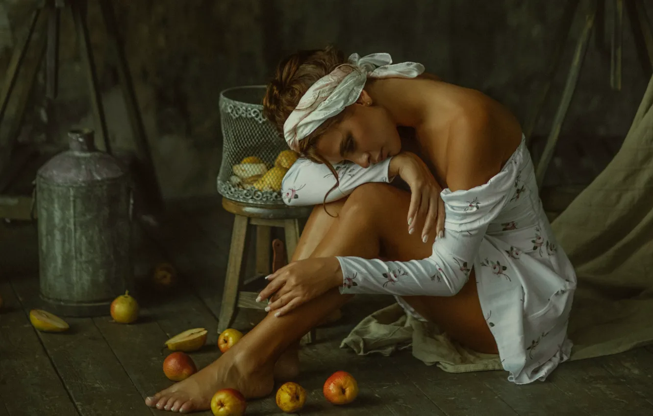 Photo wallpaper girl, pose, basket, apples, barefoot, dress, brown hair, fruit, shoulder, pear, barefoot, stool, Valeriya Mytnik