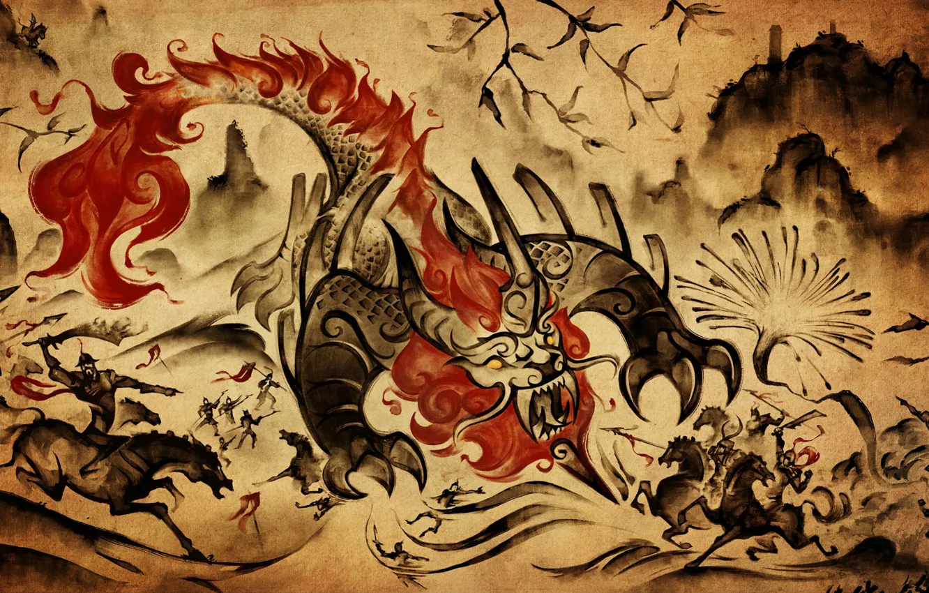 Photo wallpaper mountains, China, battle, battle, monster, mythology, нянь, извергает огонь, воиын