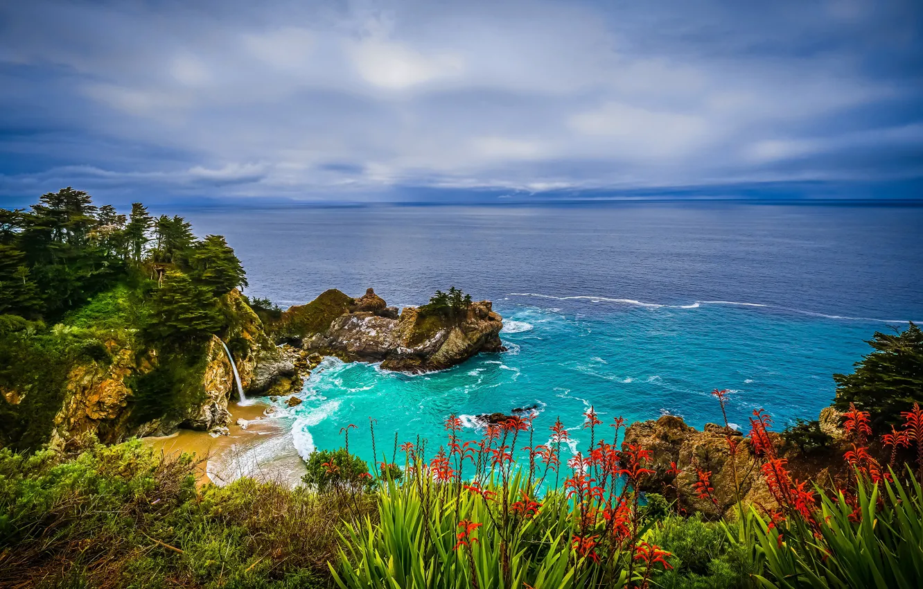 Photo wallpaper flowers, the ocean, rocks, coast, waterfall, CA, Pacific Ocean, California, The Pacific ocean, Big Sur, …
