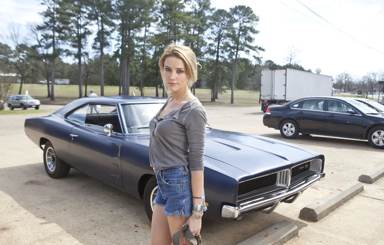 Photo wallpaper look, pose, street, Dodge Charger, Amber Heard, Amber Heard, Piper, Drive angry, Drive Angry