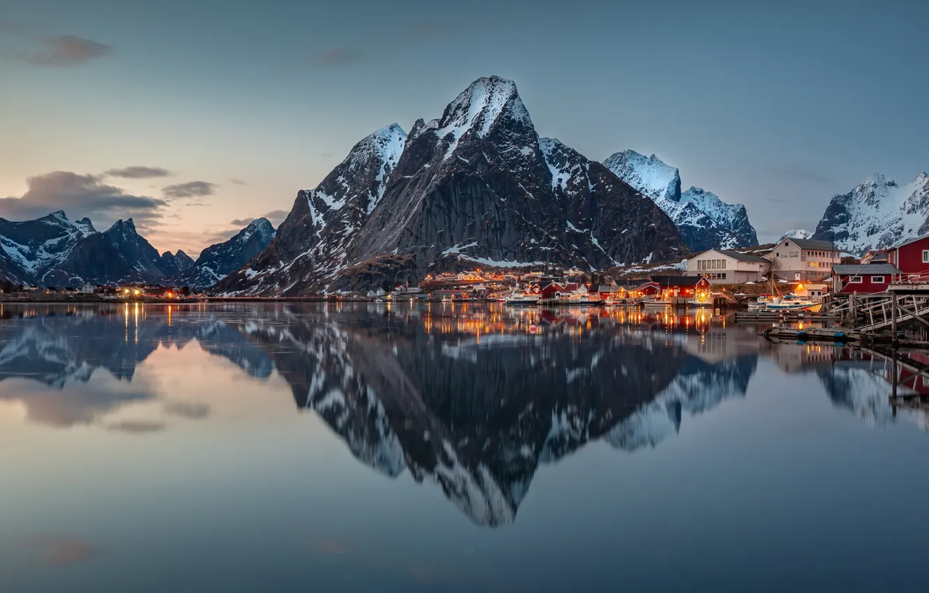 Photo wallpaper mountains, reflection, village, Norway, houses, Norway, the fjord, The Lofoten Islands, Lofoten Islands, Pure, The …