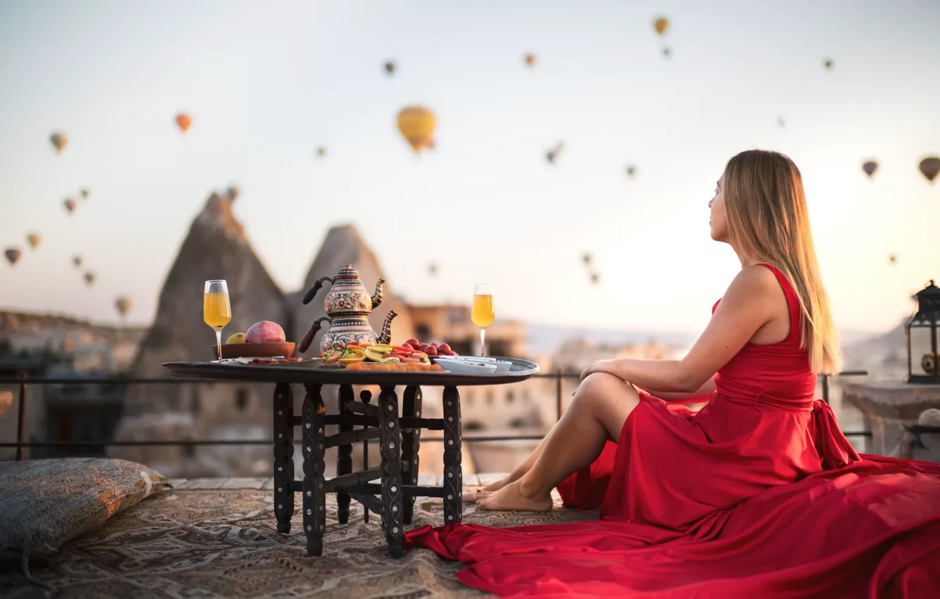 Photo wallpaper girl, balloons, mood, Breakfast, red dress, Turkey