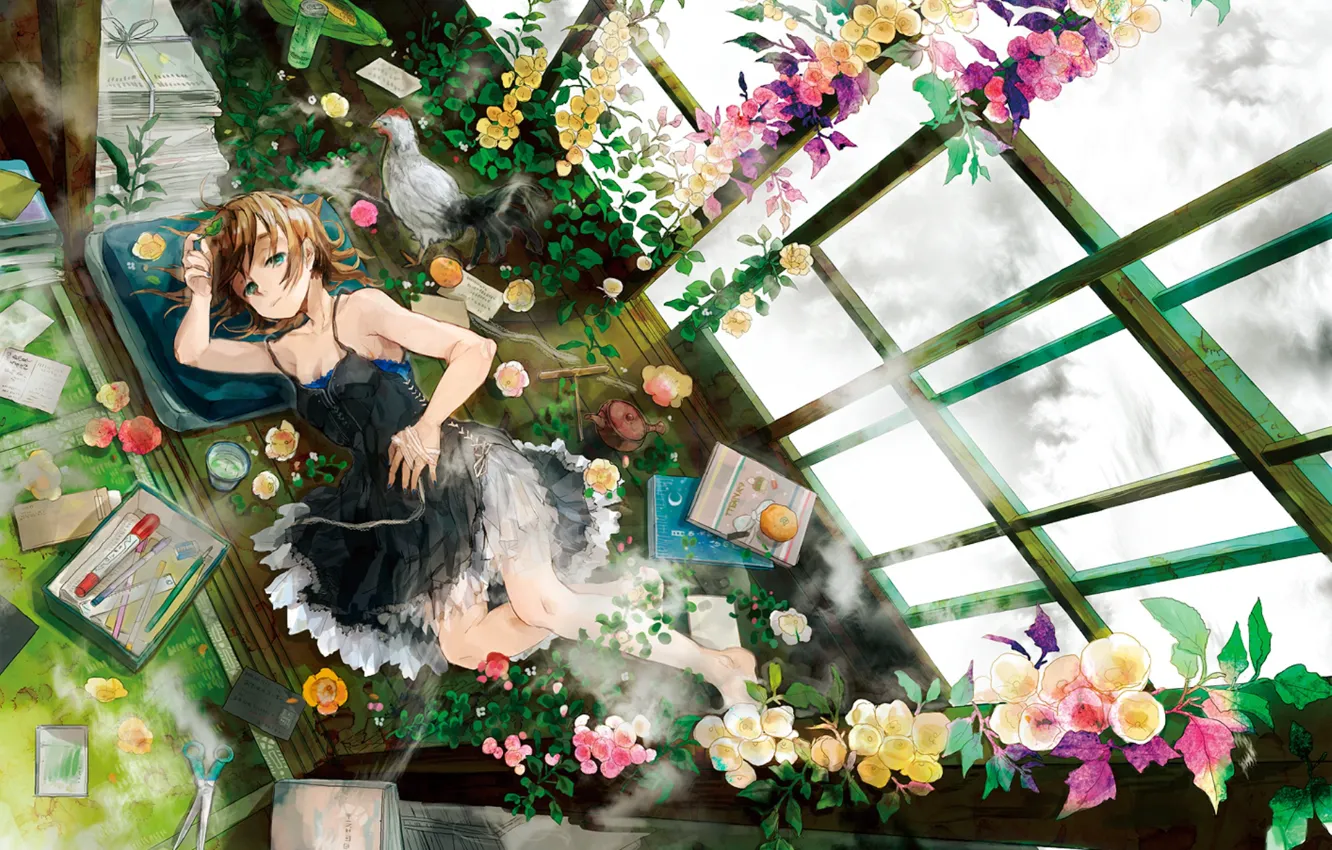 Photo wallpaper girl, flowers, Windows, anime, art, lies