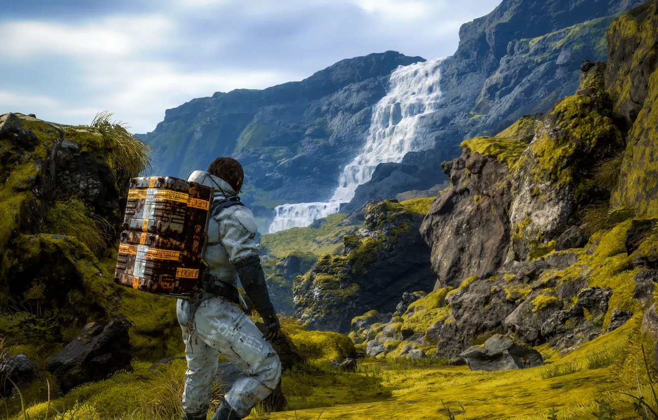 Wallpaper landscape, mountains, the game, people, waterfall, Death Stranding  images for desktop, section игры - download