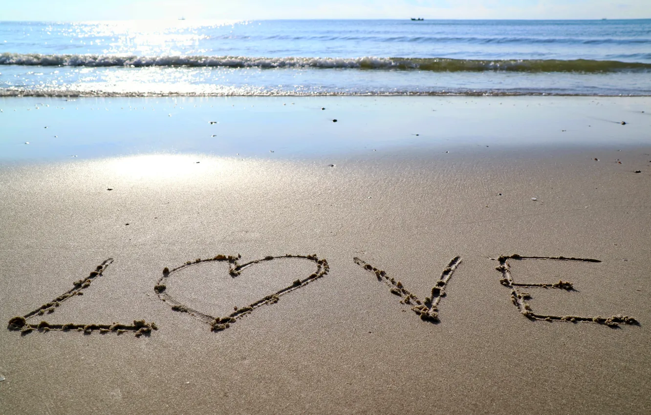 Photo wallpaper sand, sea, wave, beach, summer, the sky, love, summer, love, beach, sea, heart, blue, seascape, …
