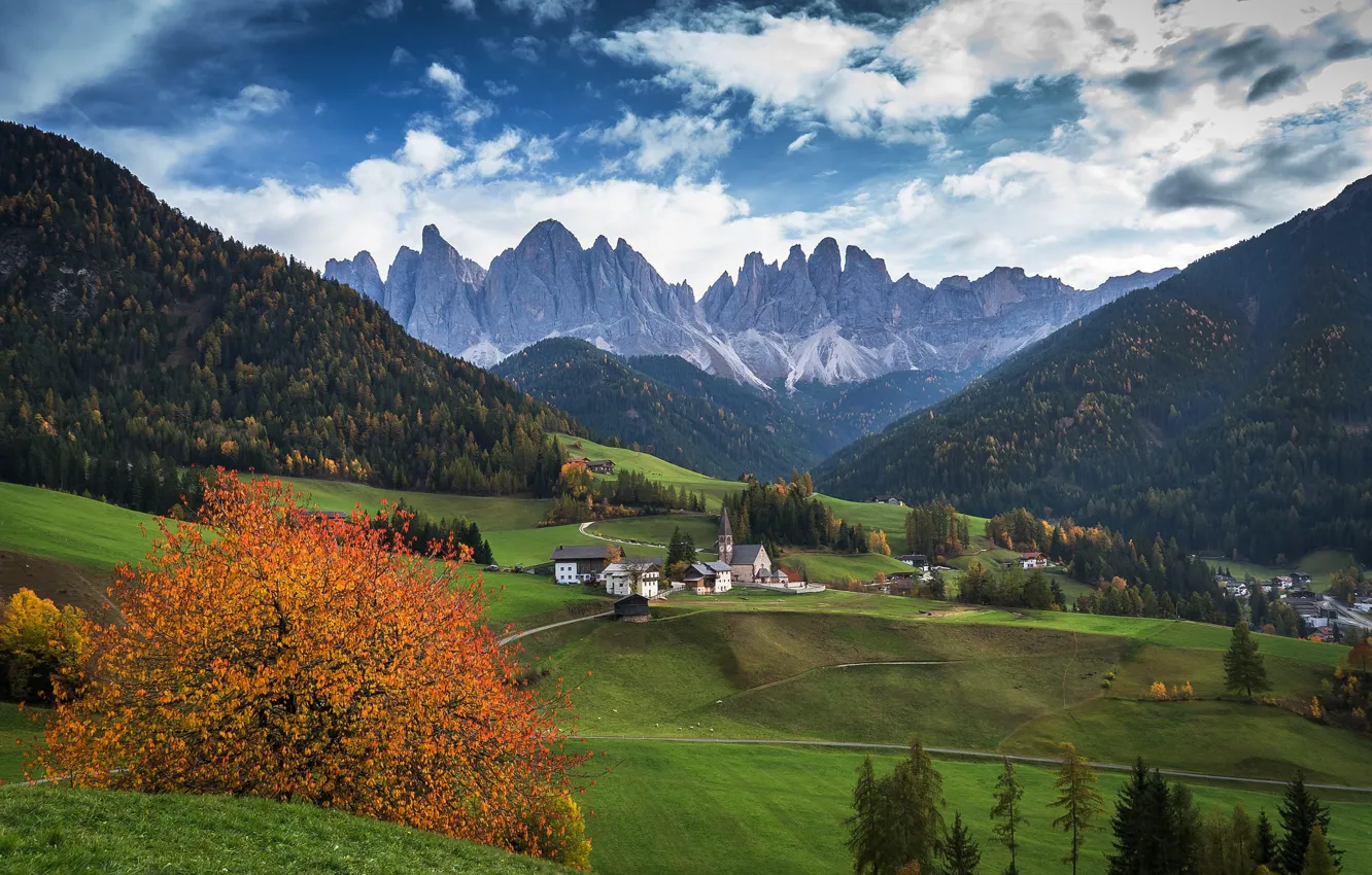 Photo wallpaper autumn, mountains, Italy, Church, Santa Magdalena, The Dolomites