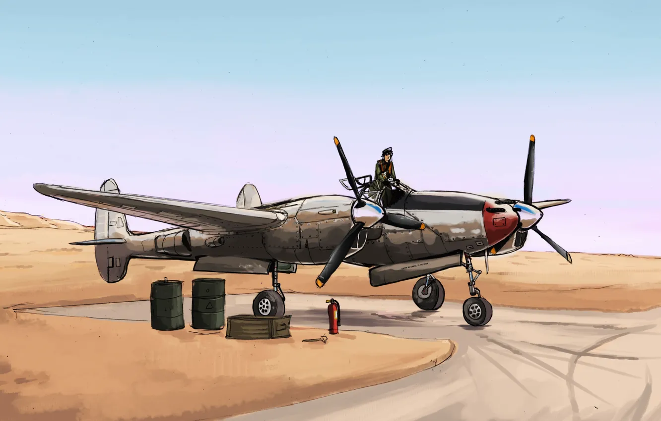 Photo wallpaper desert, fighter, art, pilot, Lockheed, USAF, P-38 Lightning