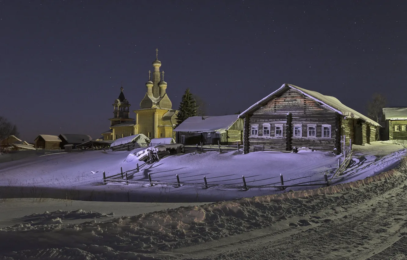 Photo wallpaper winter, snow, landscape, night, nature, home, village, Church, Arkhangelsk oblast, Kimzha, Sergei Garmashov