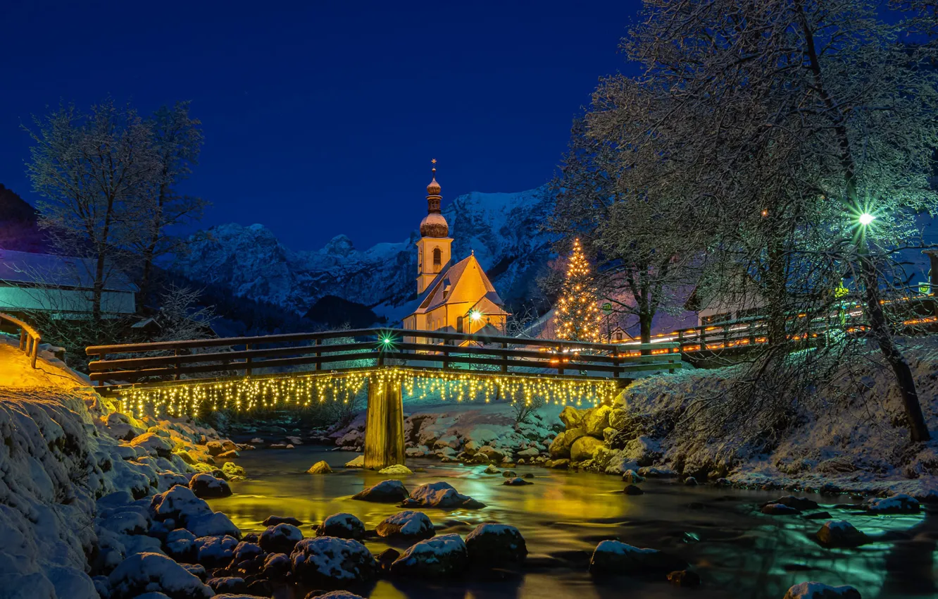 Photo wallpaper winter, snow, landscape, mountains, night, nature, river, stones, new year, home, Germany, lighting, Alps, lights, …
