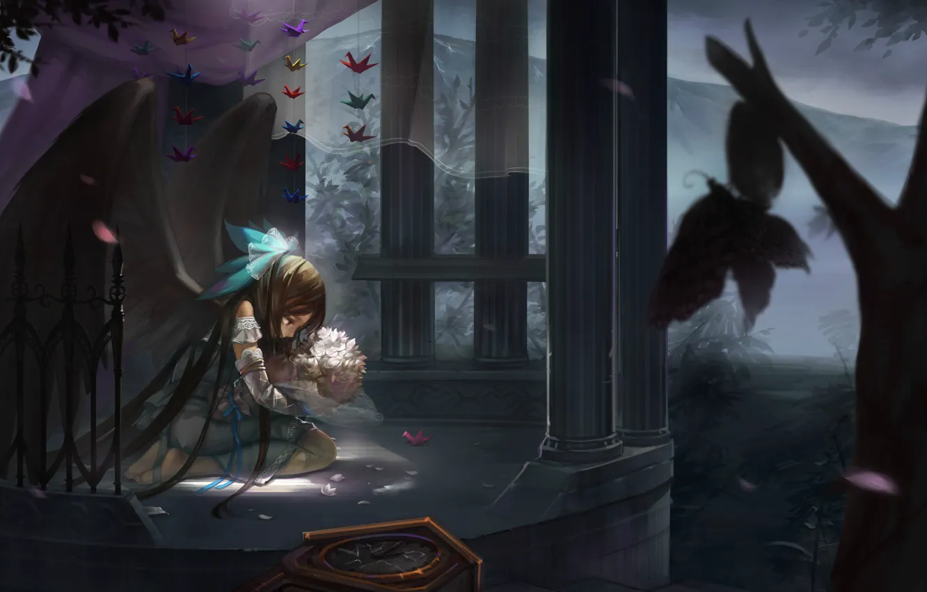 Photo wallpaper loneliness, columns, grief, moths, Reiu Equipment, Utsuho, paper cranes, black wings, Touhou Project, Project East, …